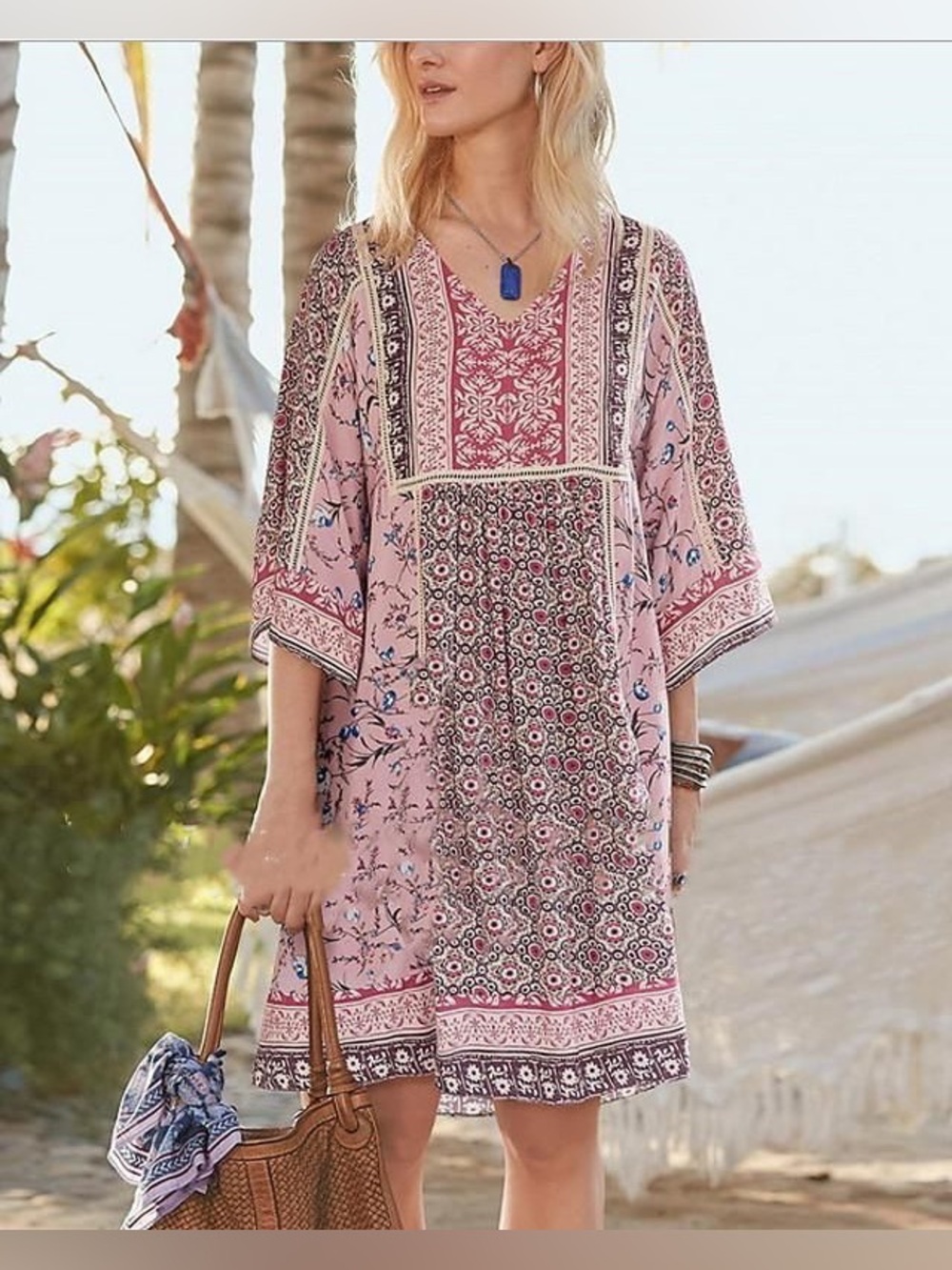 Sundance Bohemian Pink Dress Flutter Sleeve Mini Patchwork Boho Size Medium